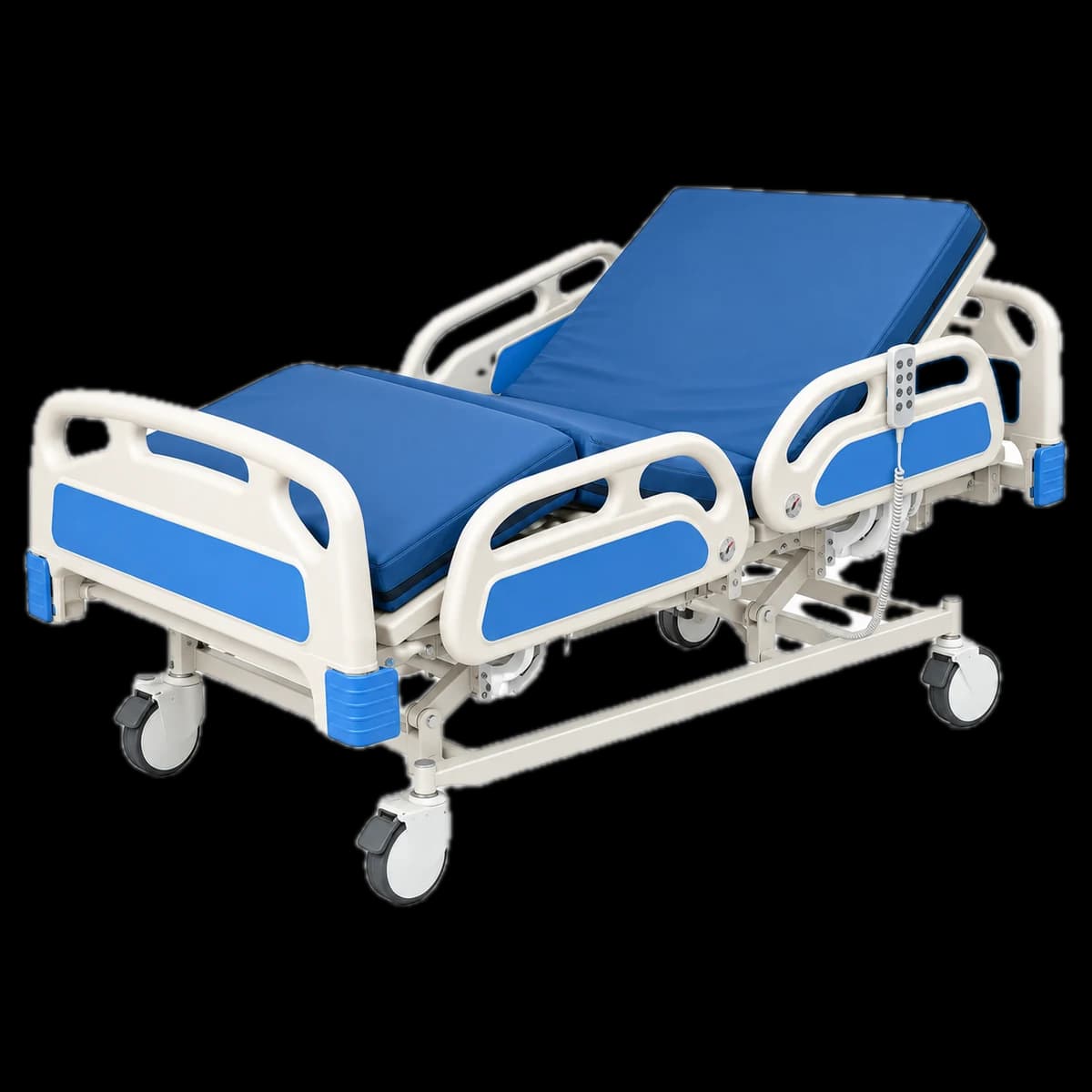 Pat medical electric cu 3 funcții model 2026, cu spătarul ridicat și saltea albastră — vedere din unghi, de sus