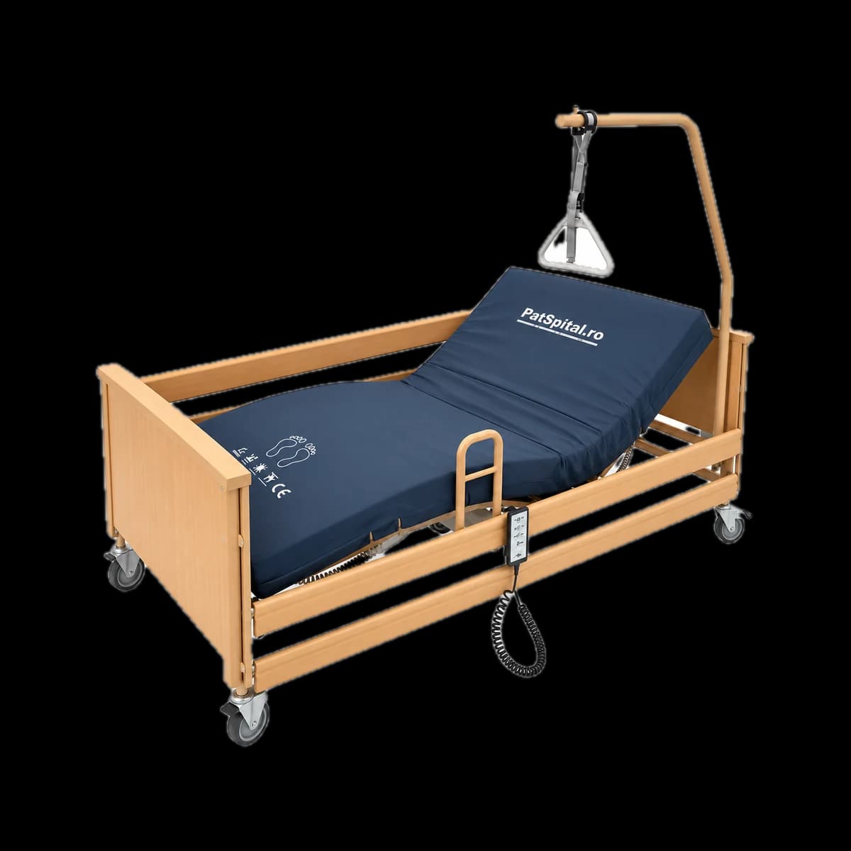Pat medical electric cu 4 funcții, cu saltea impermeabilă PatSpital.ro, bară ortopedică și telecomandă